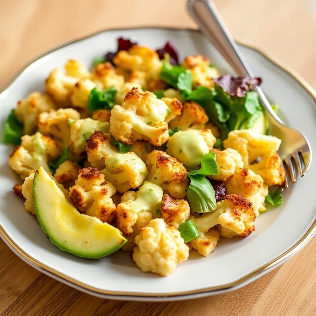 Roasted Cauliflower and Avocado Salad with Lemon Garlic Dressing