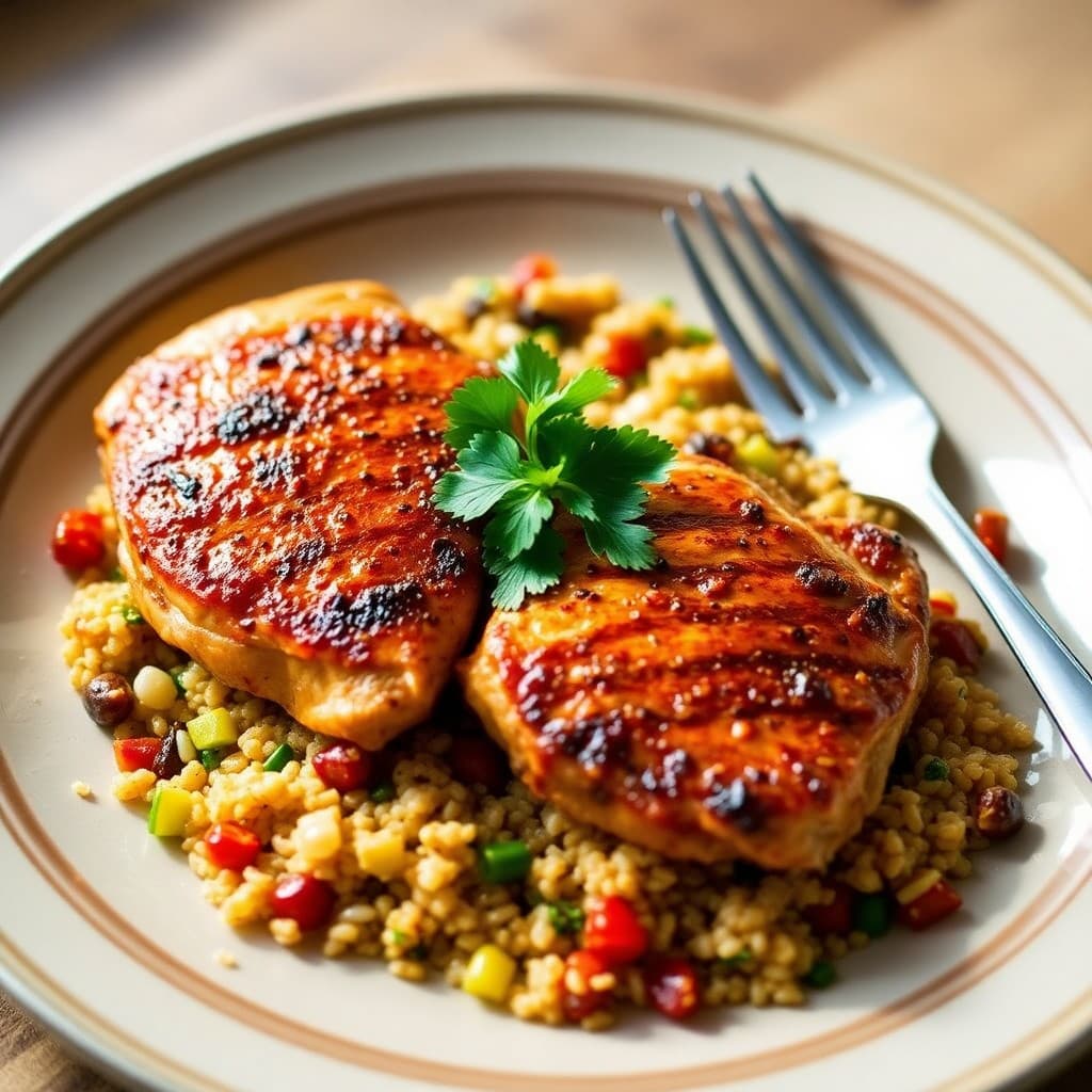 Seared Chili-Lime Chicken with Roasted Veggie Quinoa