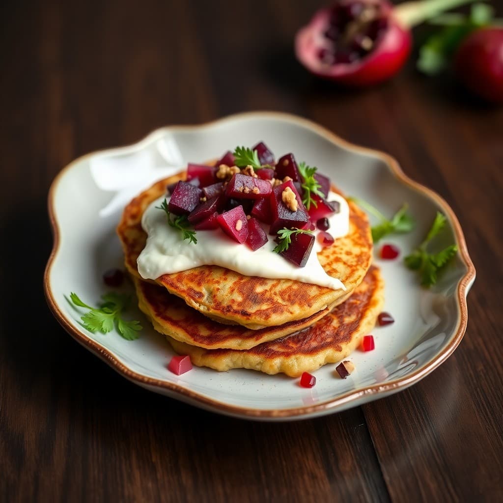 Levantine Chickpea & Herb Pancakes with Labneh & Roasted Beet Salad