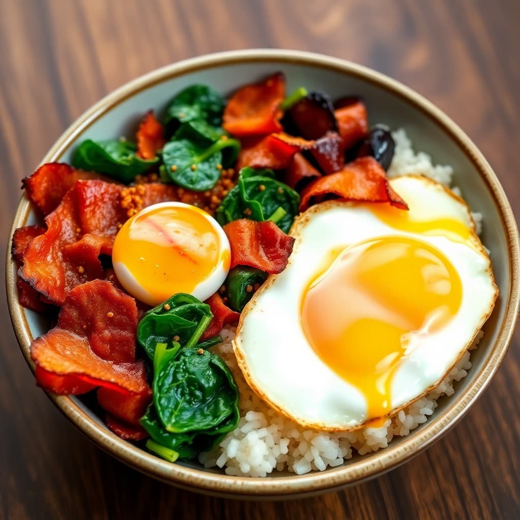 Korean Kimchi & Bacon Breakfast Rice Bowl with Crispy Fried Egg