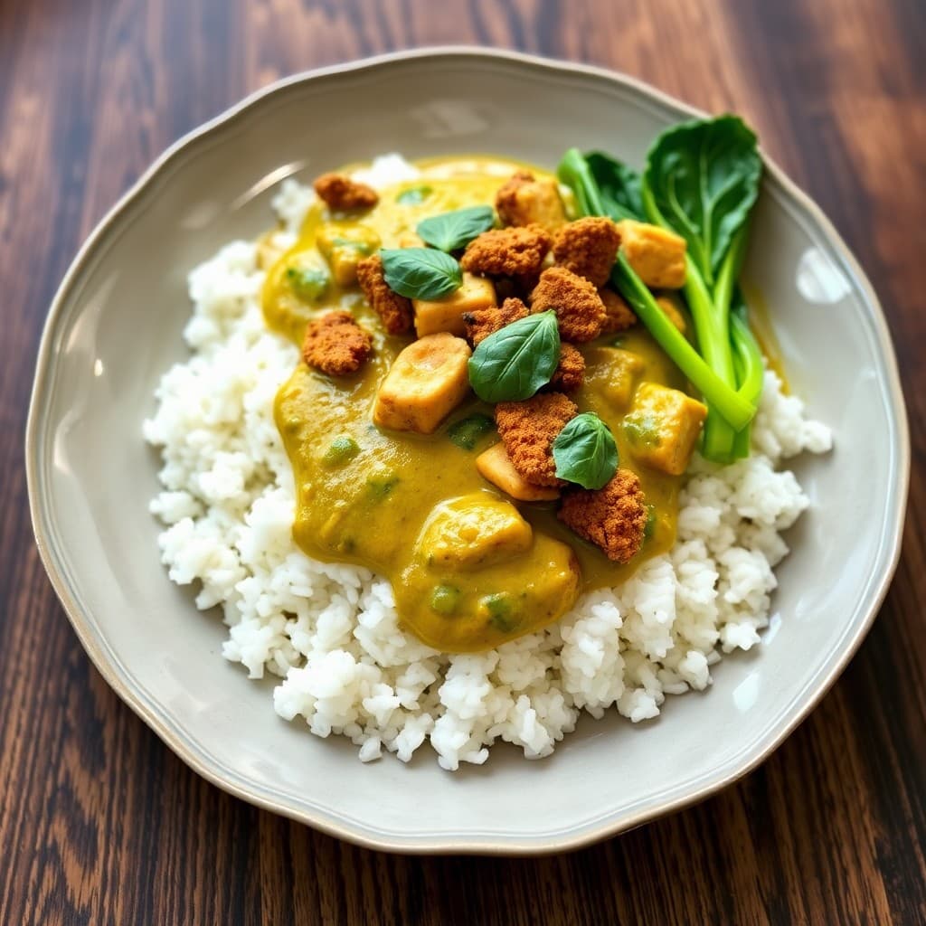 Thai Green Curry Seitan with Jasmine Rice & Steamed Bok Choy