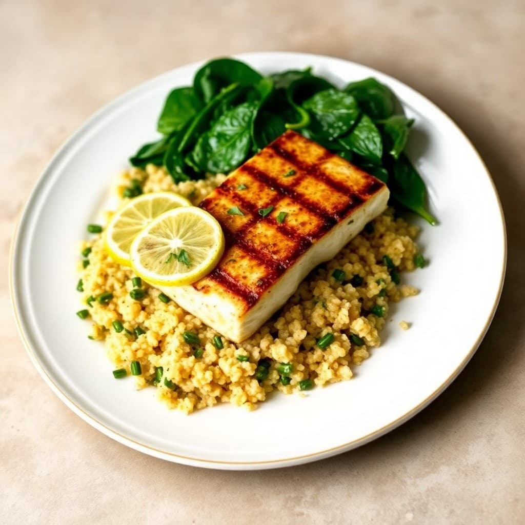 Grilled Lemon-Herb Halibut with Roasted Garlic Quinoa and Sautéed Spinach