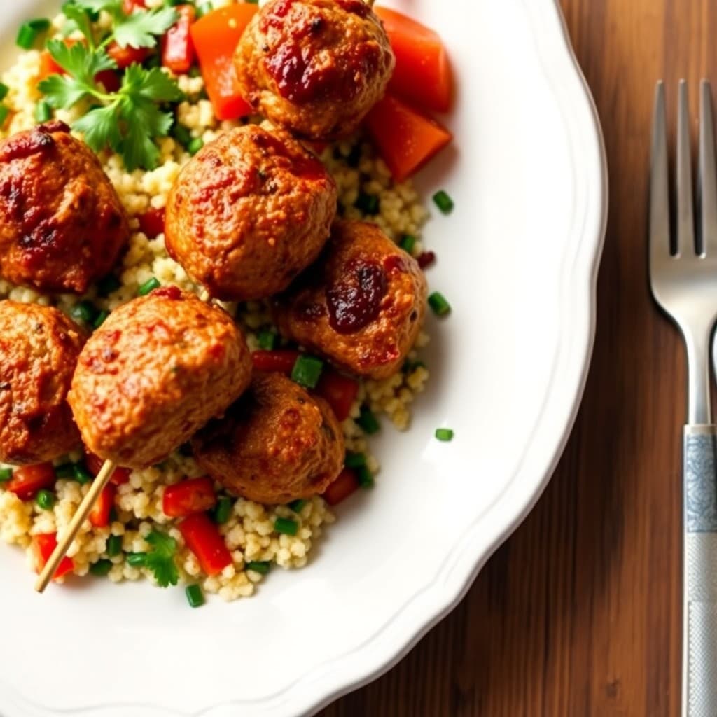 Moroccan-Spiced Turkey Meatball Skewers with Roasted Veggie Couscous