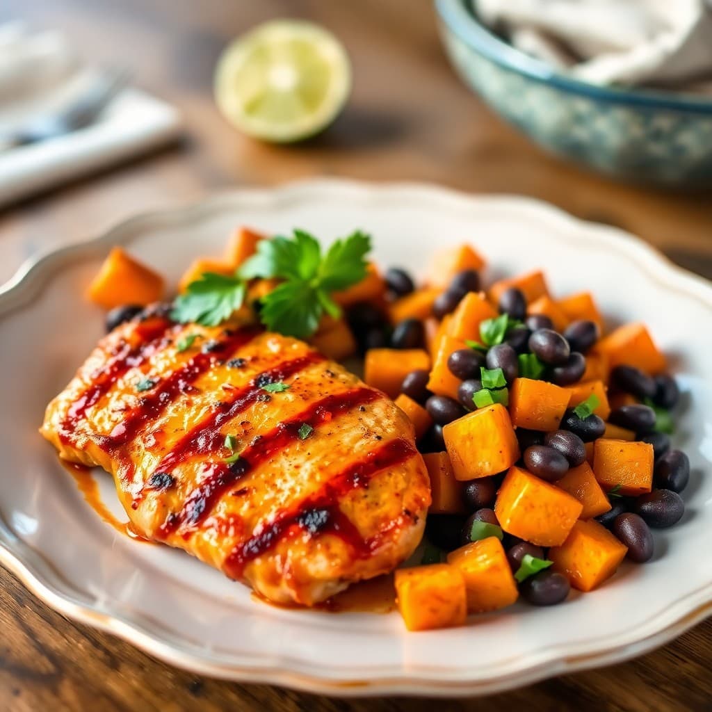 Seared Chili-Lime Chicken with Roasted Sweet Potato and Black Bean Salad