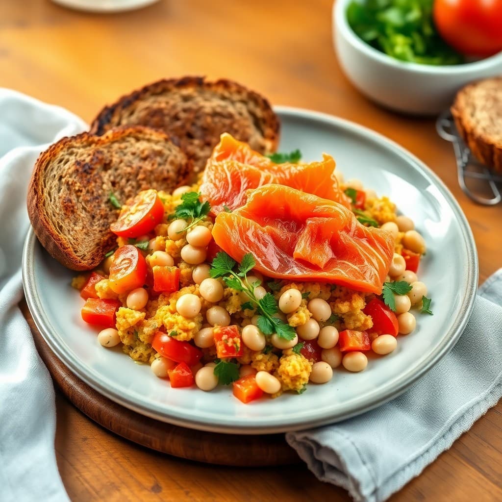 Turkish Menemen-Style Scramble with Smoked Salmon, White Beans & Herb Crisp Toast