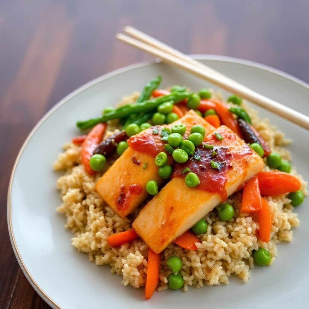 Teriyaki Salmon Stir-Fry with Edamame Fried Rice