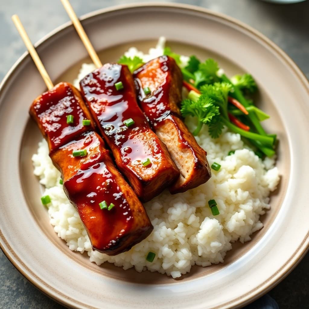Teriyaki Pork Tenderloin Skewers with Coconut Rice