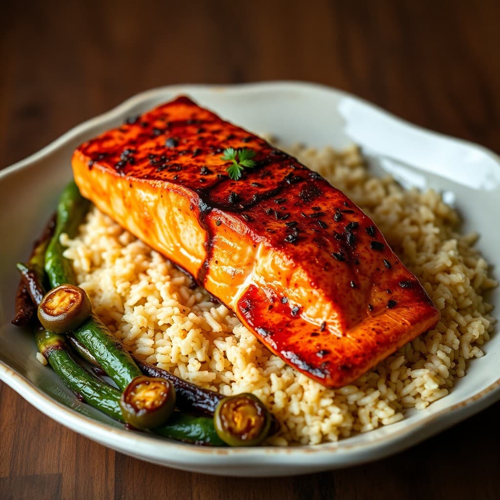 Indian Tandoori Salmon with Charred Okra and Basmati Rice