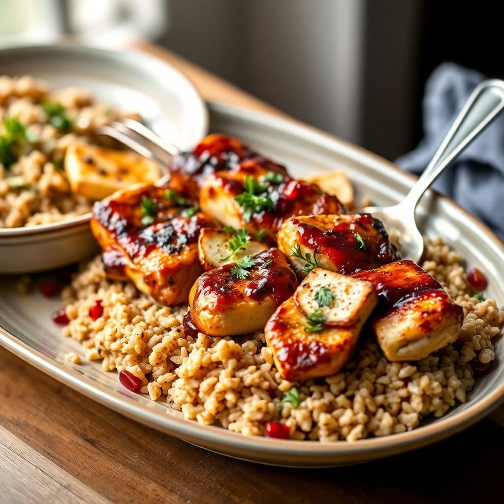 Pomegranate-Glazed Chicken Souvlaki with Charred Halloumi & Herbed Brown Rice