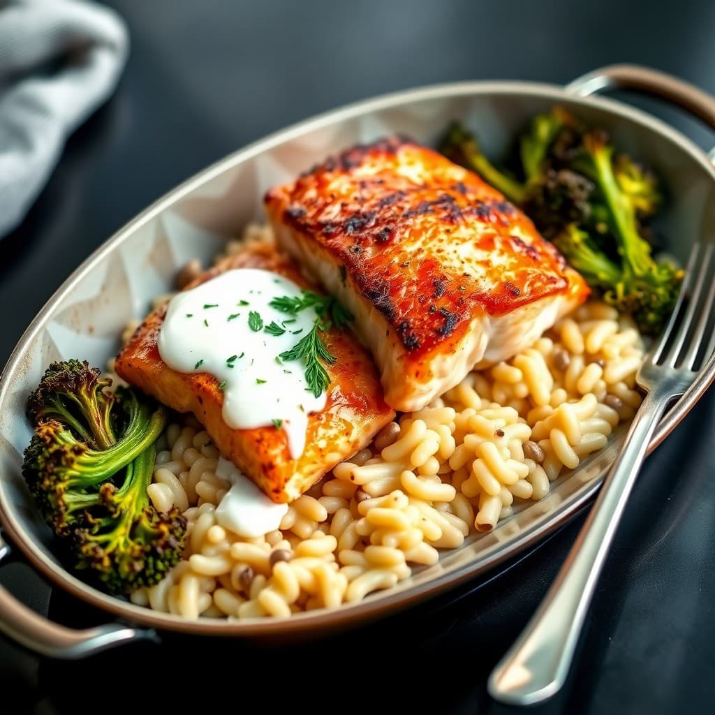 Crispy-Skinned Salmon with Creamy Orzo & Roasted Broccolini in Lemon-Caper Emulsion