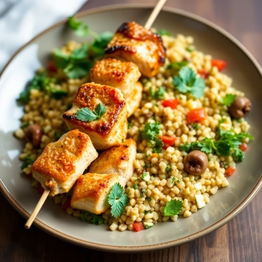 Tuscan Chicken Skewers with Roasted Veggie Couscous