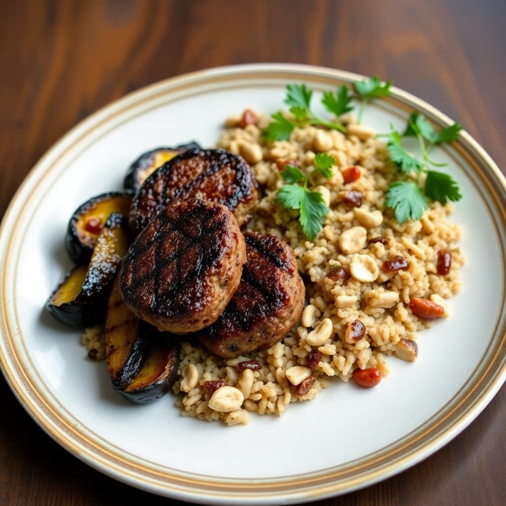 Grilled Lamb Köfte with Charred Eggplant & Herbed Brown Rice