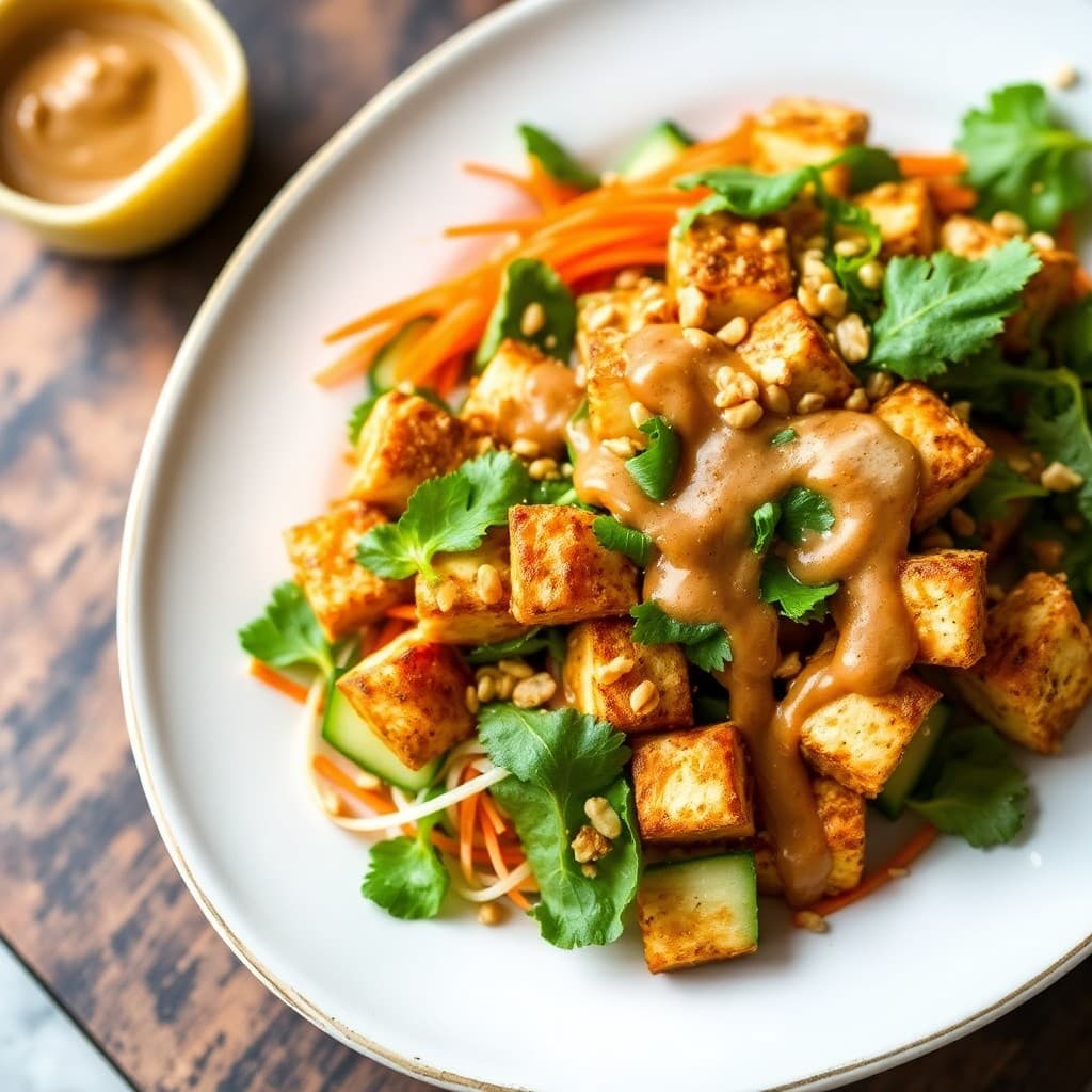 Vietnamese Crispy Tofu & Herb Salad with Peanut Drizzle