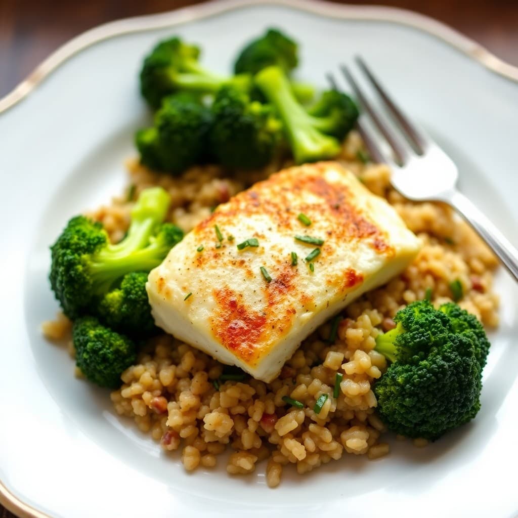 Seared Cod with Roasted Broccoli and Quinoa Pilaf