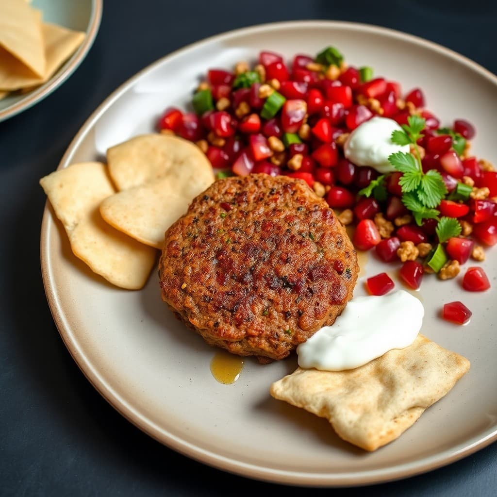 Spiced Lamb Kibbeh with Pomegranate-Walnut Salad & Herbed Yogurt