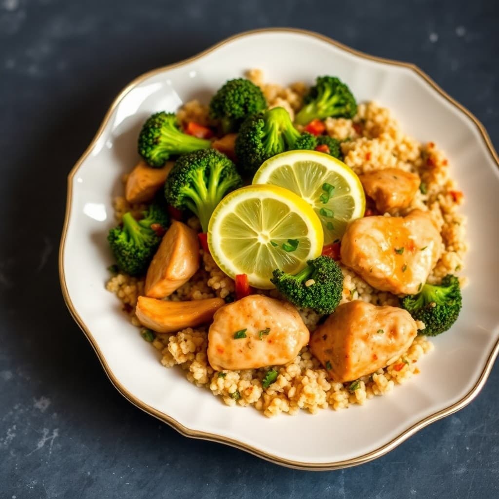Zesty Lemon Chicken Stir-Fry with Quinoa and Roasted Broccoli