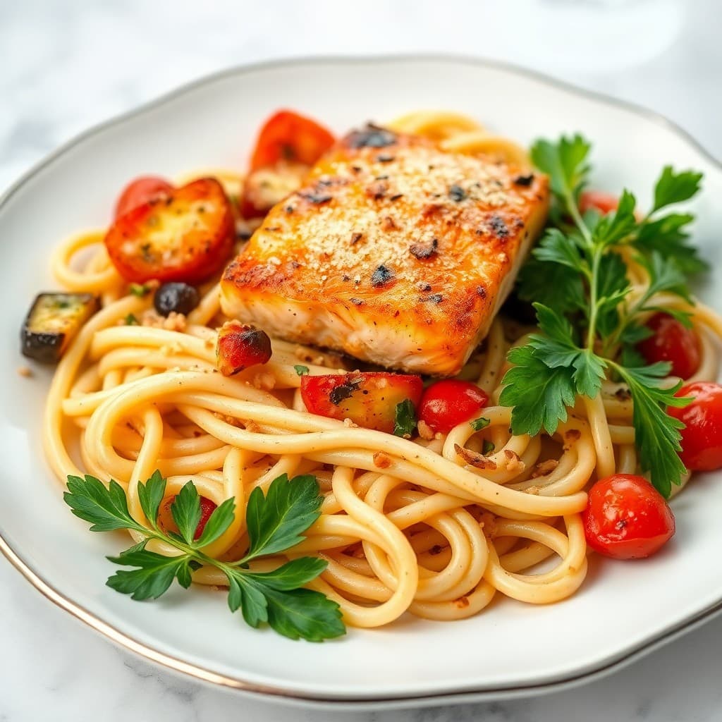 Roasted Mediterranean Vegetable and Salmon Pasta