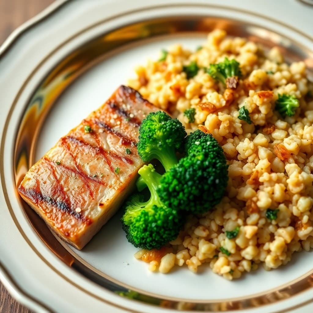 Seared Ginger-Garlic Tuna with Roasted Broccoli and Quinoa Pilaf