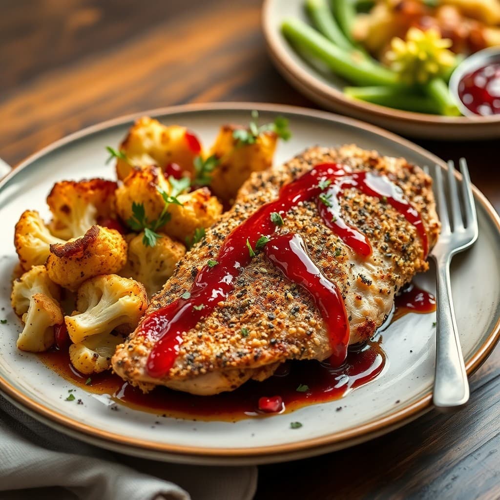 Turkish Herb-Crusted Chicken with Roasted Cauliflower & Pomegranate Glaze