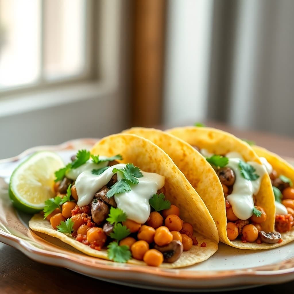 Mexican Chickpea & Chorizo-Spiced Breakfast Tacos with Cilantro-Lime Crema