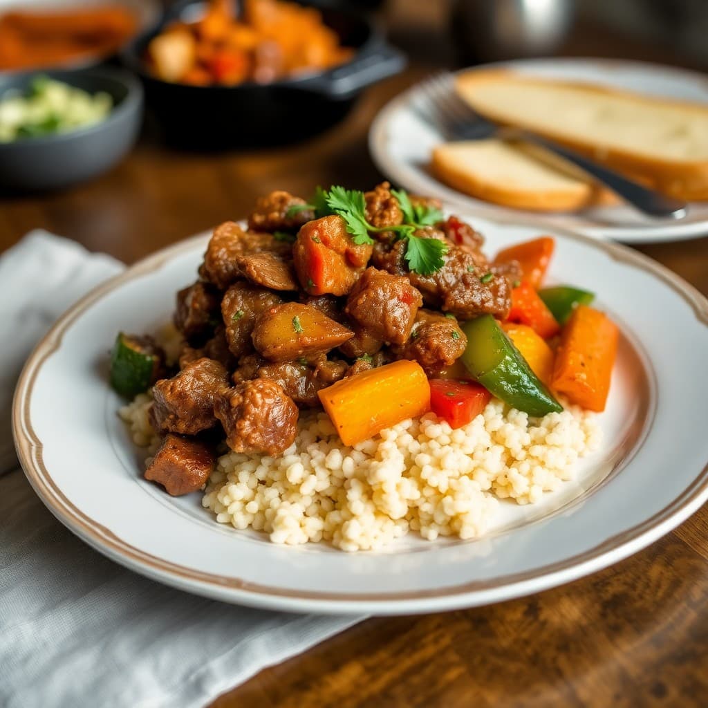 Moroccan-Spiced Beef Tagine with Roasted Vegetable Couscous