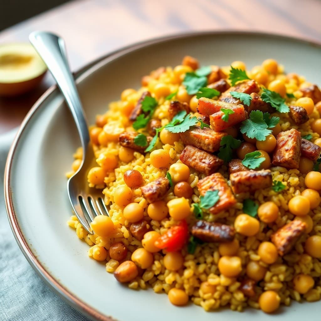 Spanish Chickpea & Saffron Paella with Crispy Garlic Tempeh