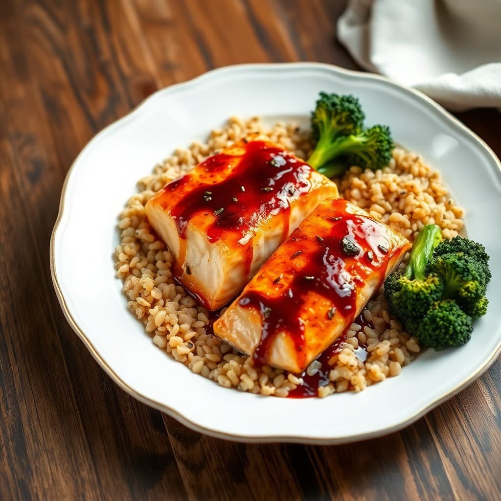 Teriyaki Glazed Salmon with Garlic Roasted Broccoli and Barley
