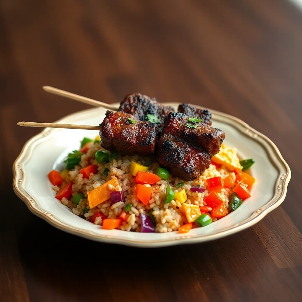 Zesty Brazilian Beef Picanha Skewers with Roasted Veggie Rice Bowl