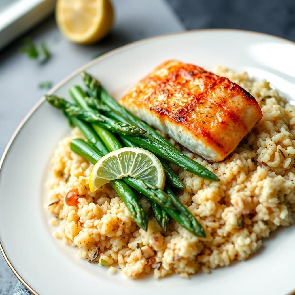 Lemon Garlic Grilled Salmon with Roasted Asparagus and Quinoa Pilaf