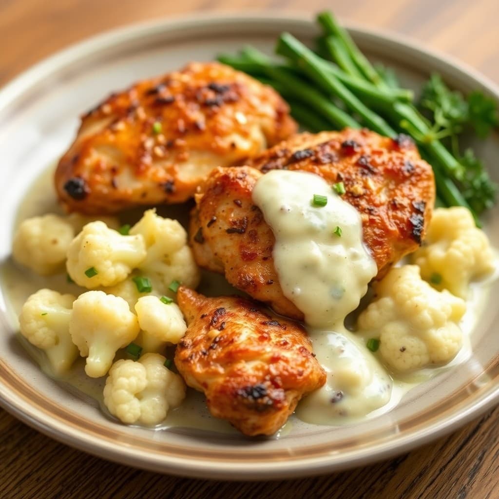 Roasted Cauliflower and Chicken Thighs with Creamy Garlic Sauce