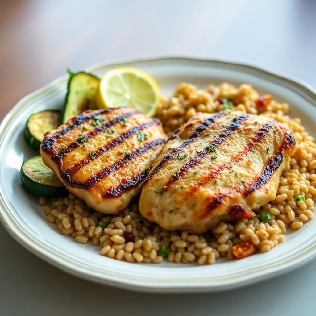 Grilled Lemon-Herb Chicken Thighs with Roasted Zucchini and Barley