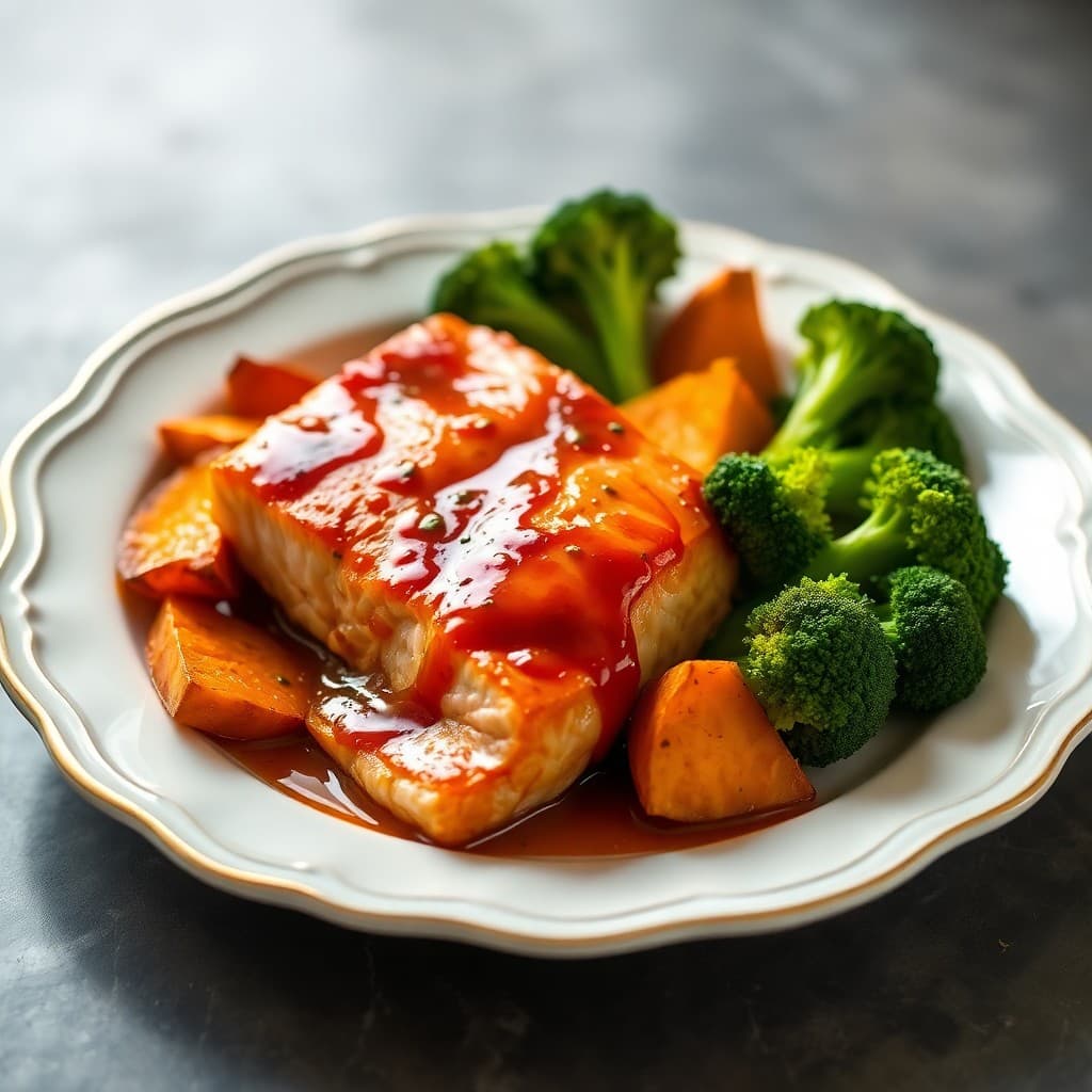 Teriyaki Glazed Salmon with Roasted Sweet Potato and Broccoli