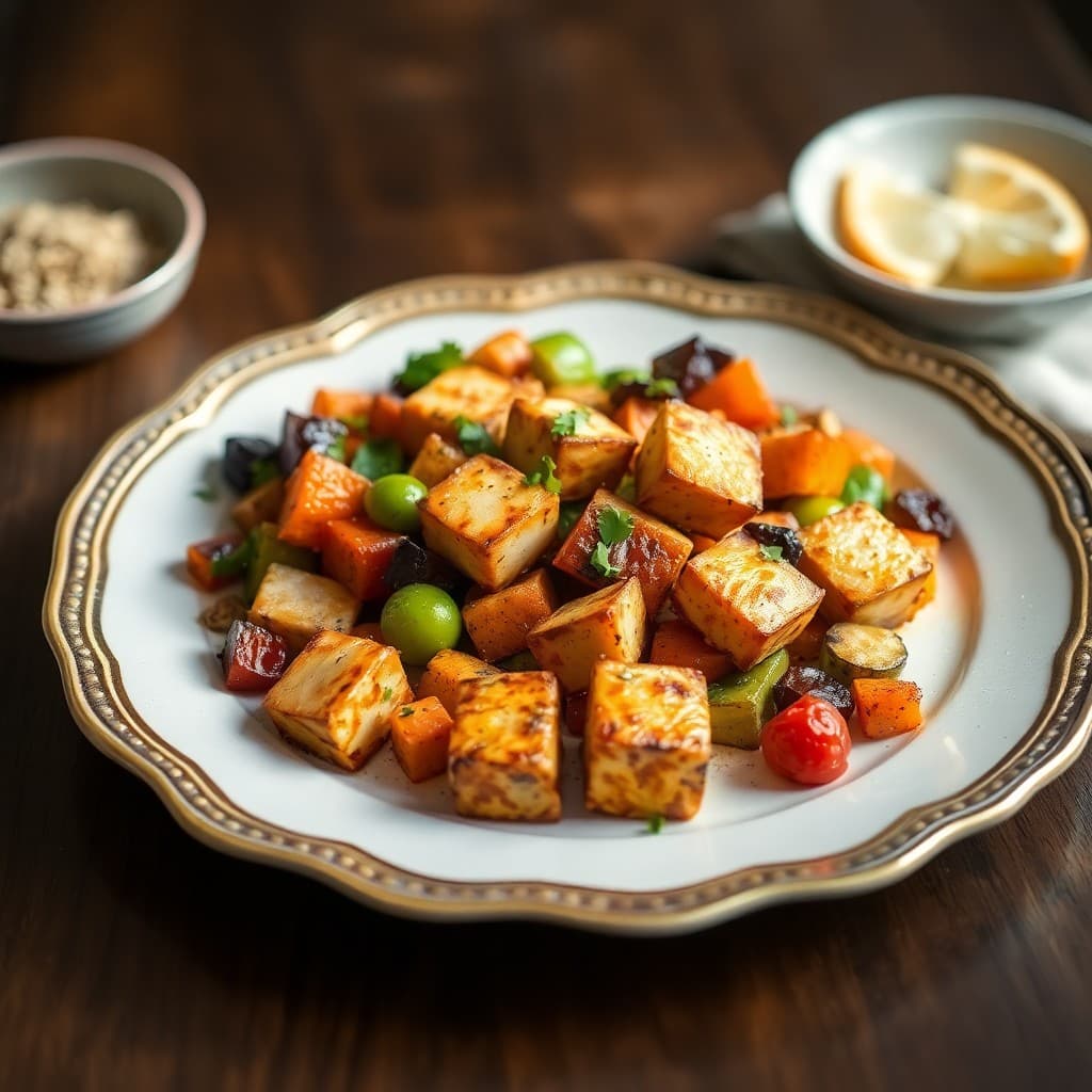 Seared Garlic-Ginger Tofu with Roasted Vegetable Medley