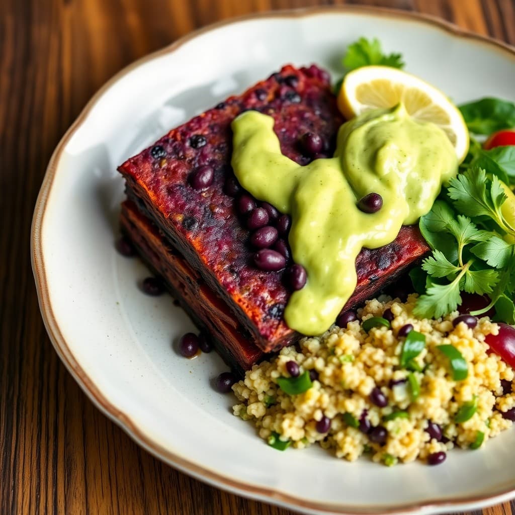 Peruvian Purple Potato & Black Bean Causa with Avocado-Lime Crema