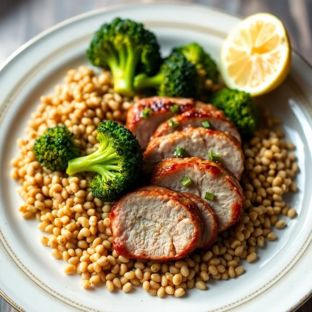 Seared Ginger Garlic Pork Tenderloin with Roasted Broccoli and Farro