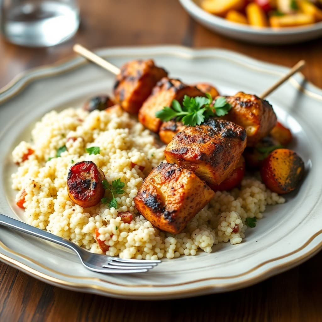 Moroccan Chicken Skewers with Couscous and Roasted Vegetables