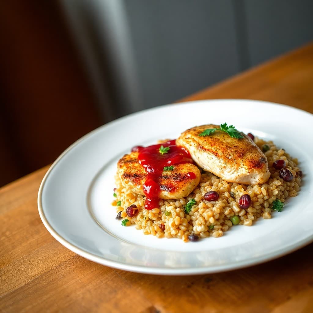 Moroccan-Spiced Pan-Seared Chicken with Pomegranate Glaze & Herbed Farro Pilaf
