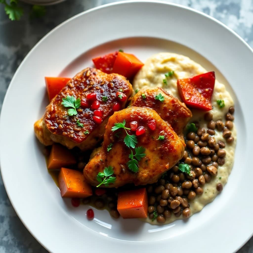 Turkish Herb-Braised Chicken with Pomegranate Molasses & Roasted Root Vegetables