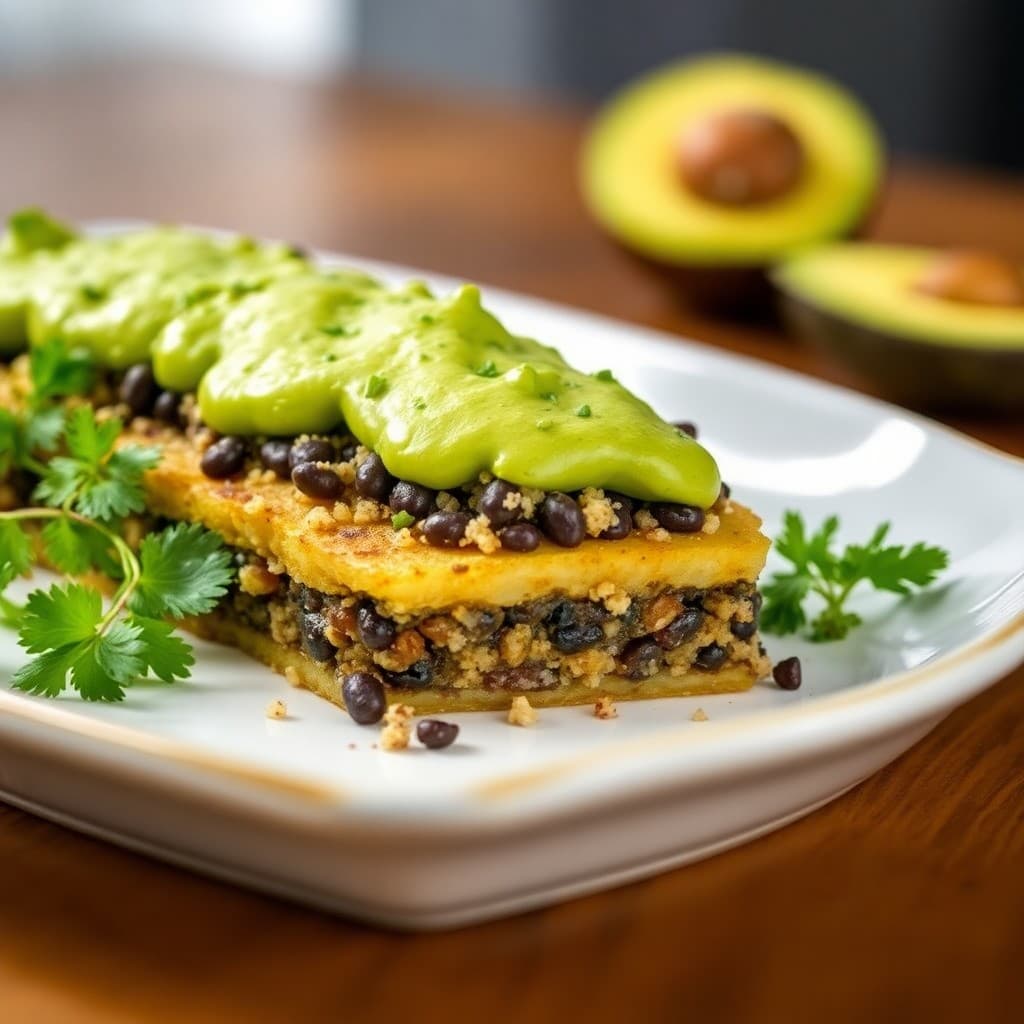 Peruvian Quinoa & Black Bean Causa with Avocado-Cilantro Sauce