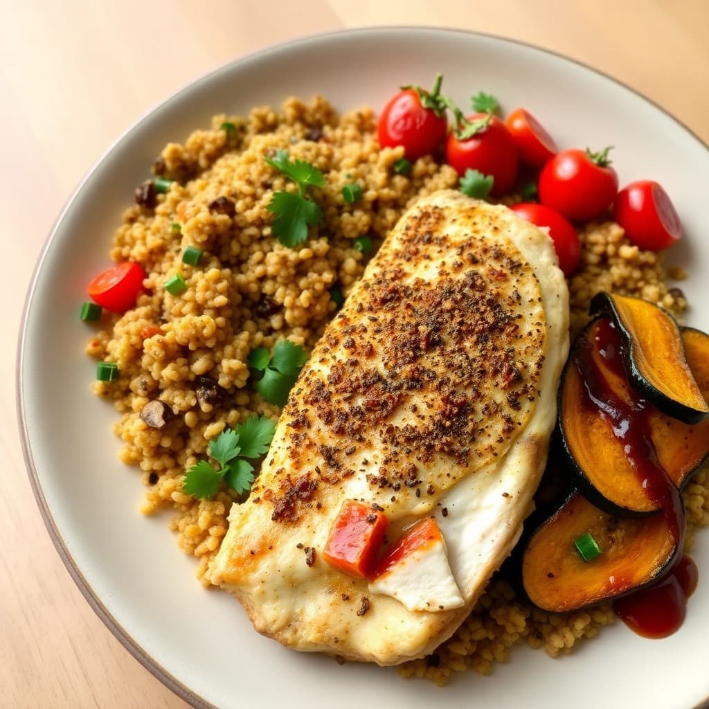 Turkish Za'atar Crusted Chicken with Charred Tomato Bulgur & Pan-Seared Delicata Squash