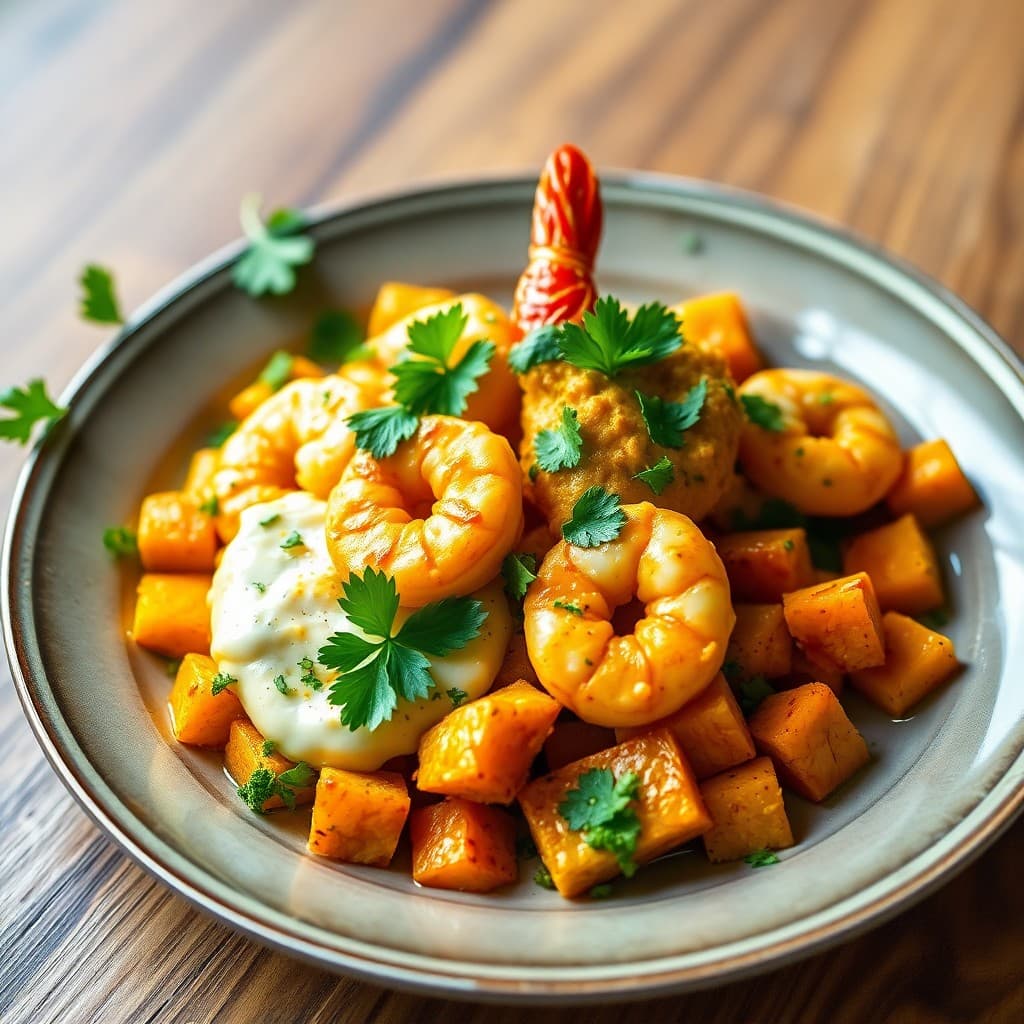 Spicy Coconut Curry Shrimp with Roasted Sweet Potato Salad