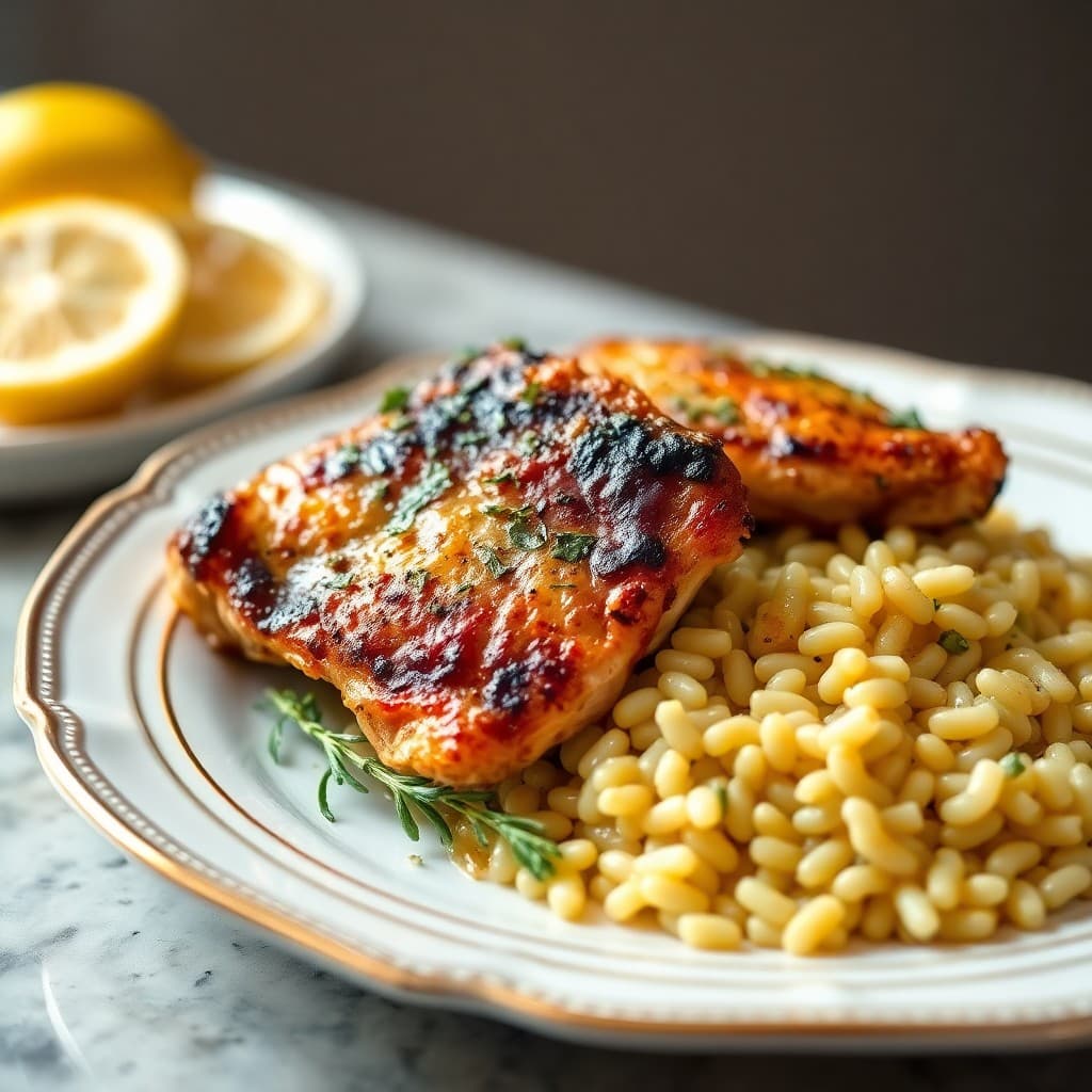 Garlic Herb Roasted Chicken Thighs with Lemon Parmesan Orzo
