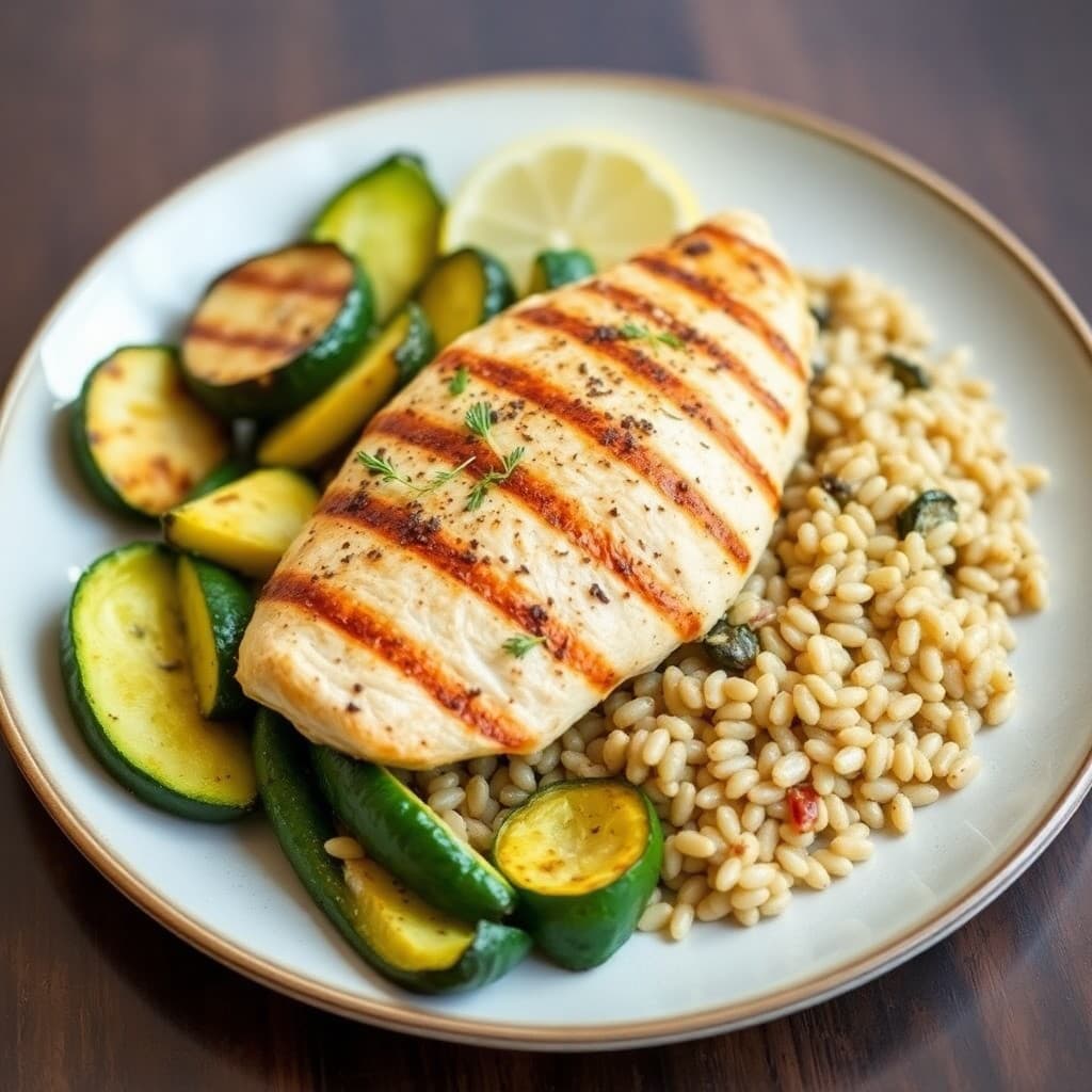 Grilled Lemon Garlic Chicken with Roasted Zucchini and Barley