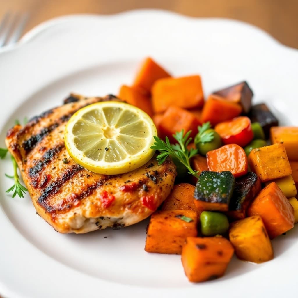 Grilled Lemon Herb Chicken with Roasted Sweet Potato Medley