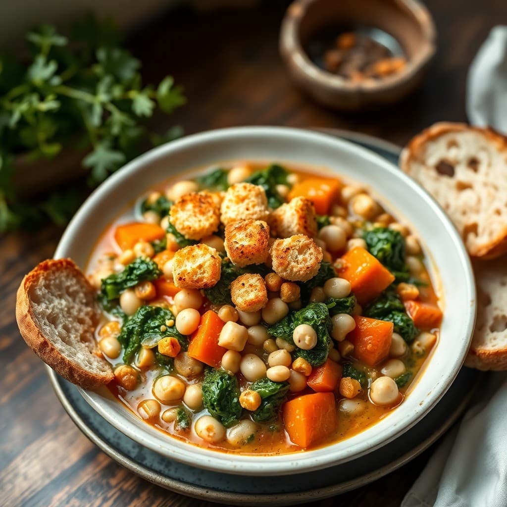 Portuguese White Bean & Kale Stew with Crispy Chickpea Croutons