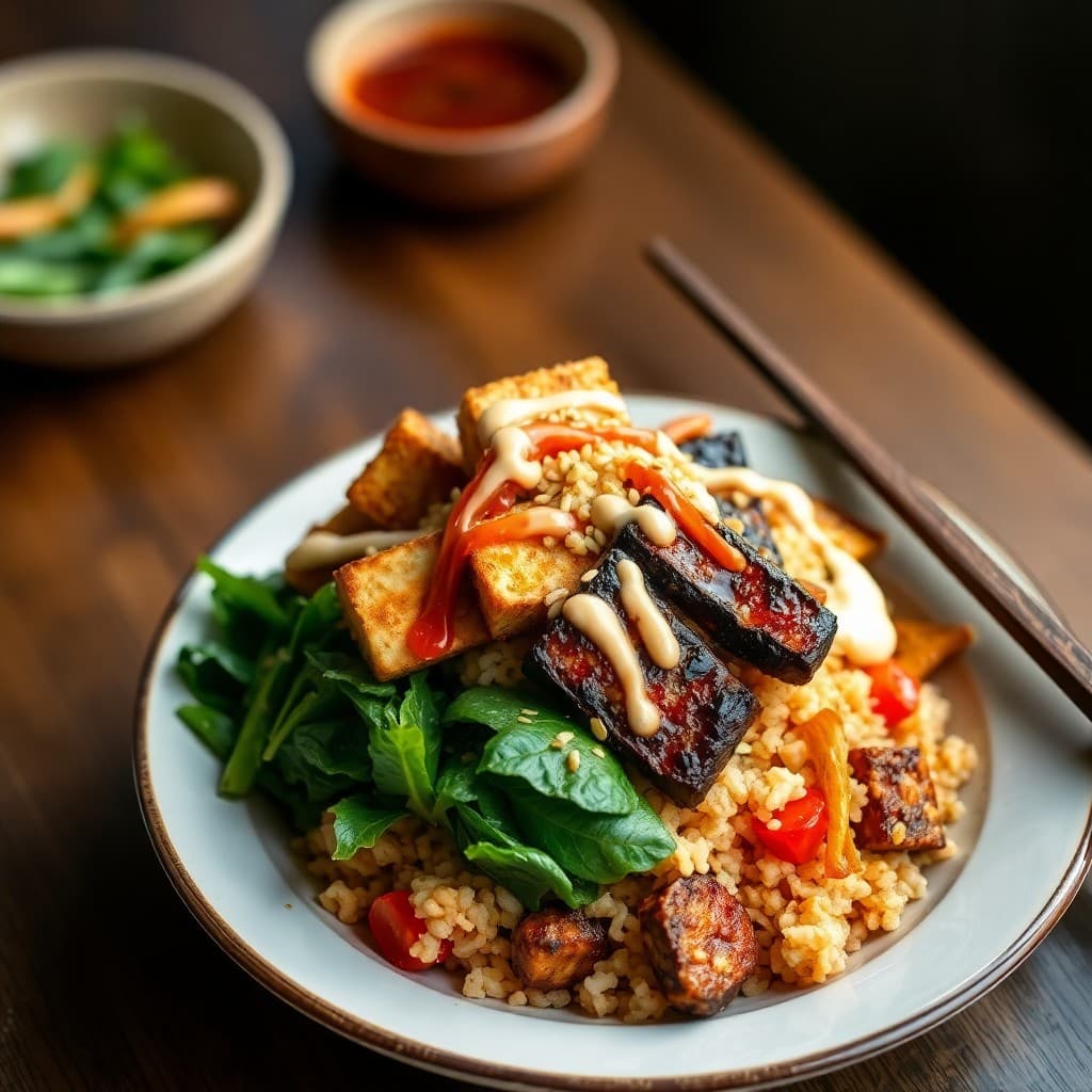 Korean Gochujang Tempeh & Miso Eggplant Bibimbap with Crispy Shallot Tofu