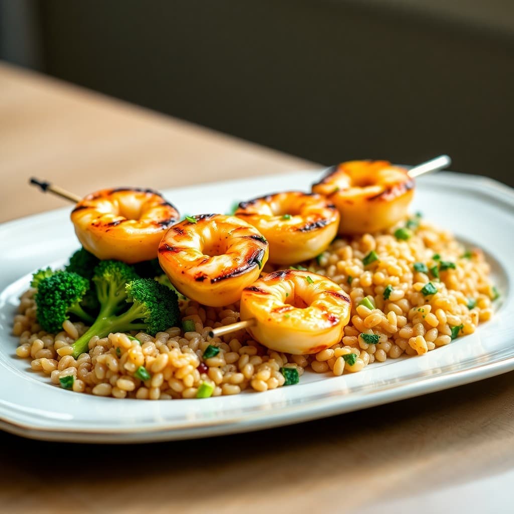 Grilled Lemon-Garlic Shrimp Skewers with Roasted Broccoli and Farro Pilaf