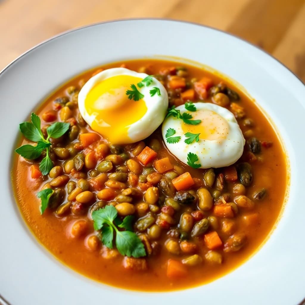 Moroccan Harira Lentil Soup with Poached Eggs