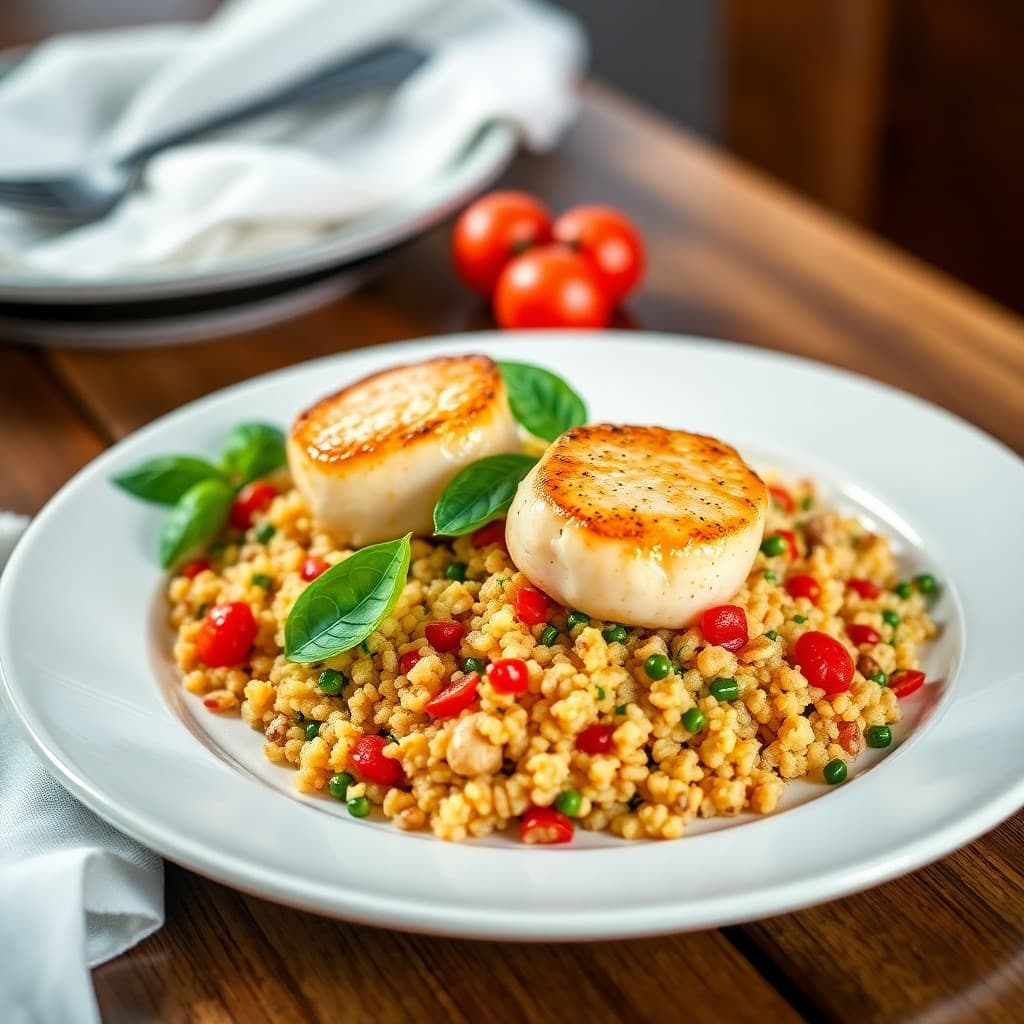 Mediterranean Seared Scallops with Tomato-Basil Quinoa