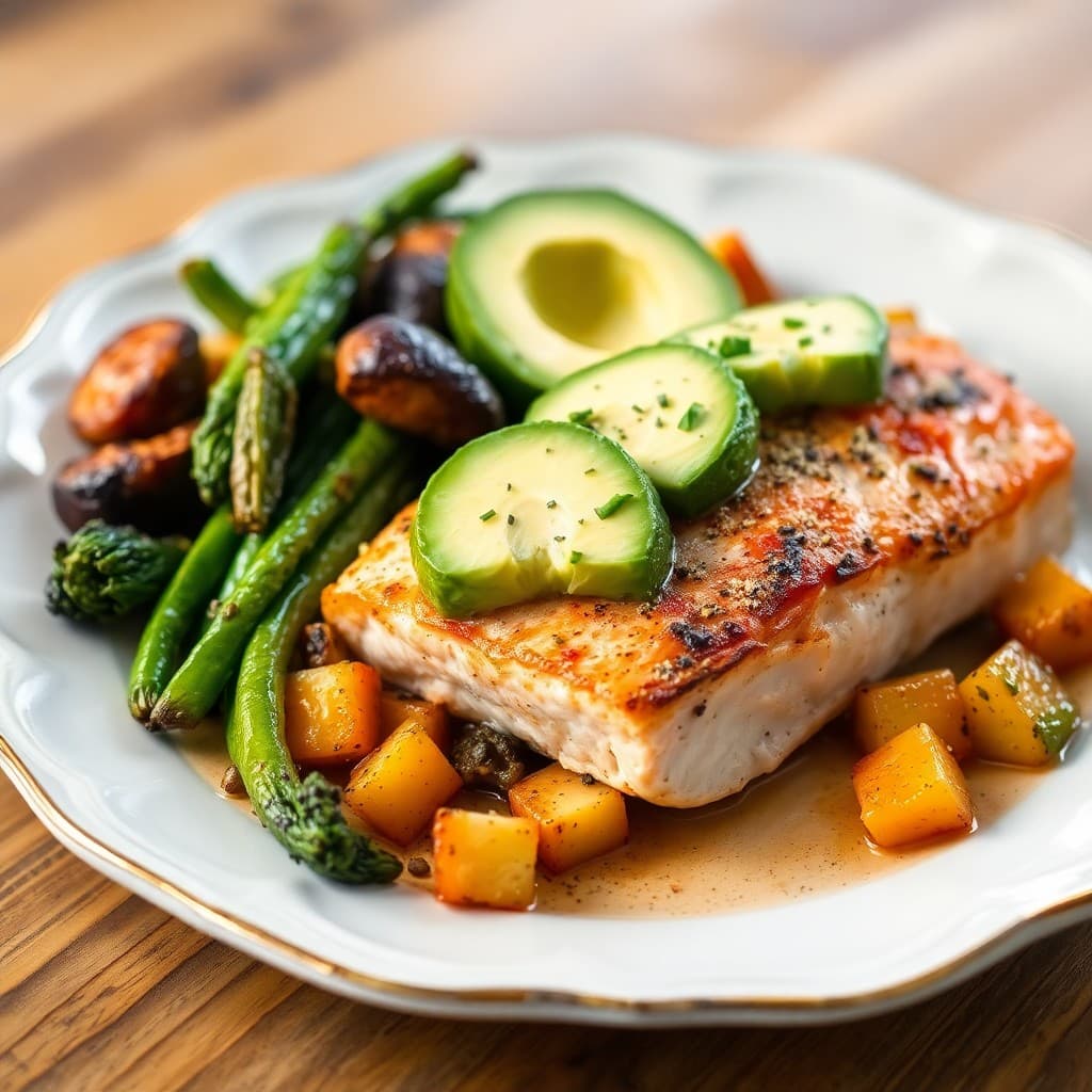 Satiating Salmon with Roasted Veggies and Avocado